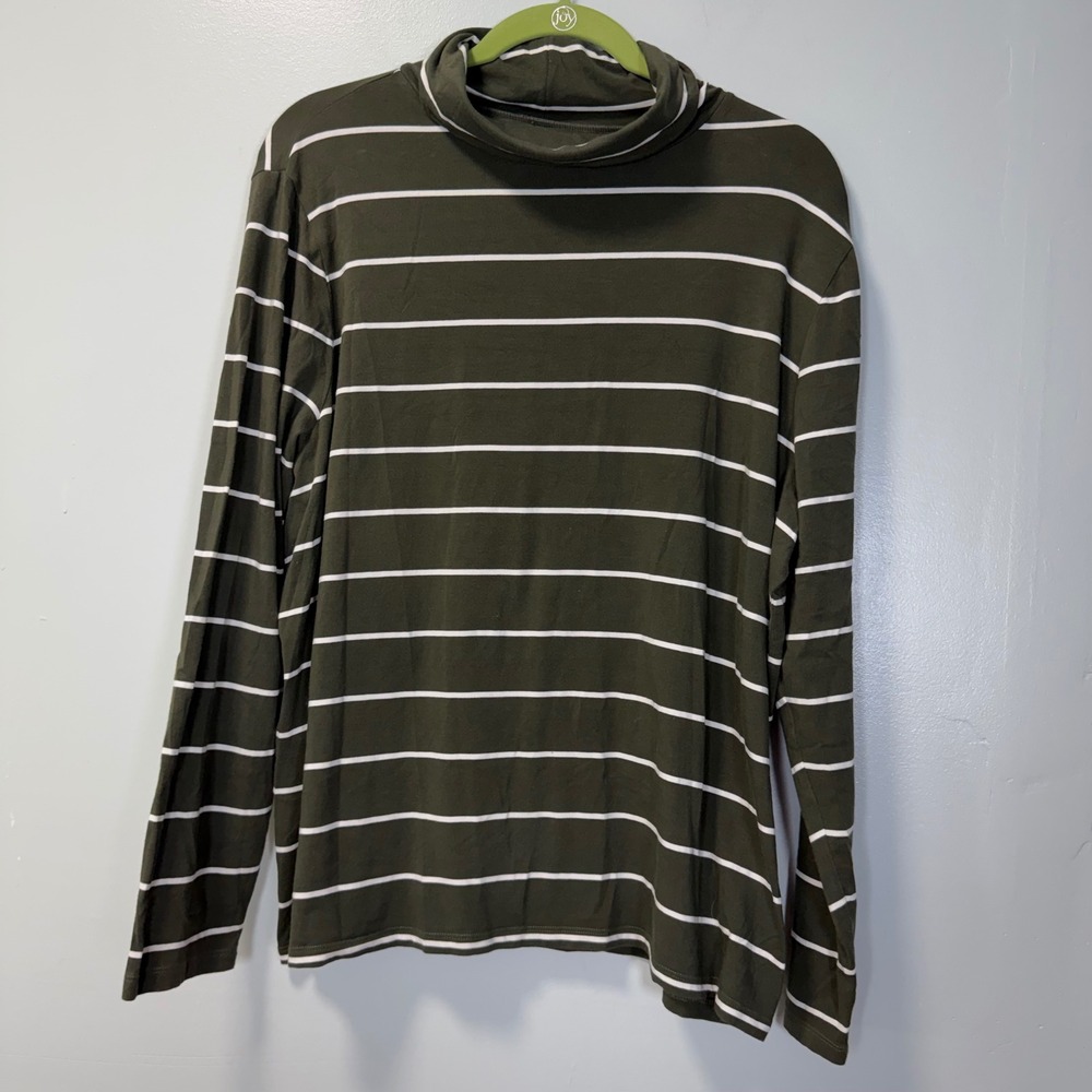 Talbots Plus 2X Olive Green White Striped Turtle Neck Long Sleeve Tee VN5092
